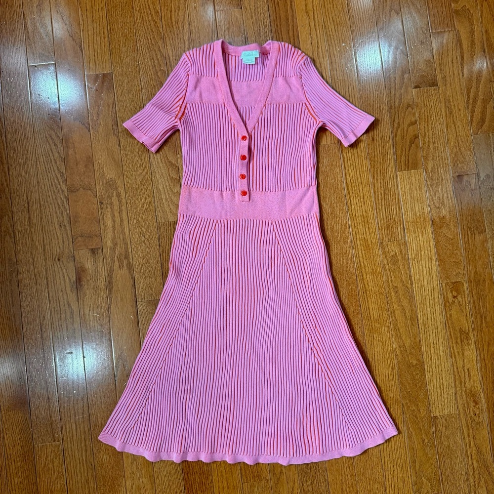 Shoshanna Ribbed Knit Henley Fit & Flare Dress Womens Small Coral Pink Coquette